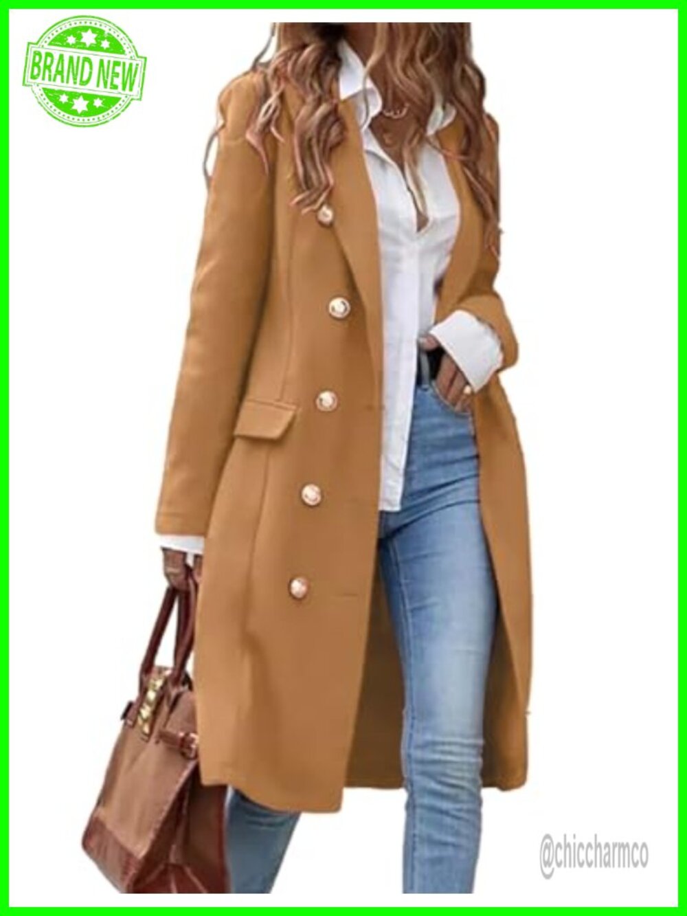 Womens Long Wool Blend Pea Coat Double Breasted Notch Lapel Knee Length